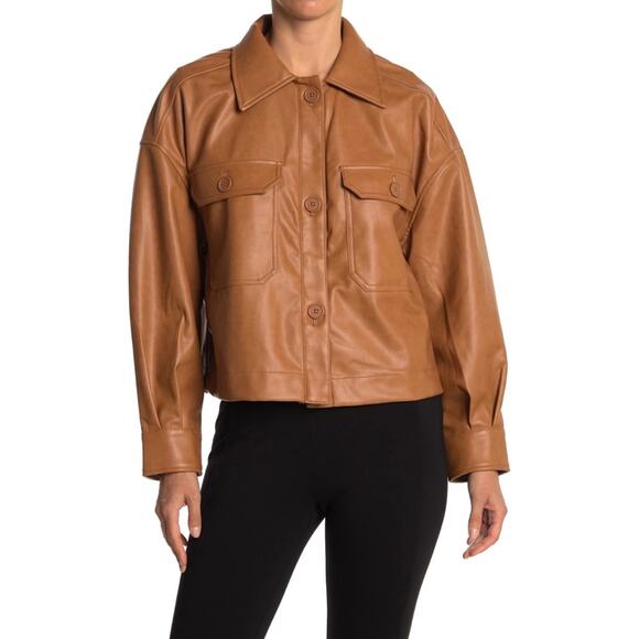 New Avec Les Filles Faux Leather Shacket in Cognac Women's Size L - Picture 1 of 8